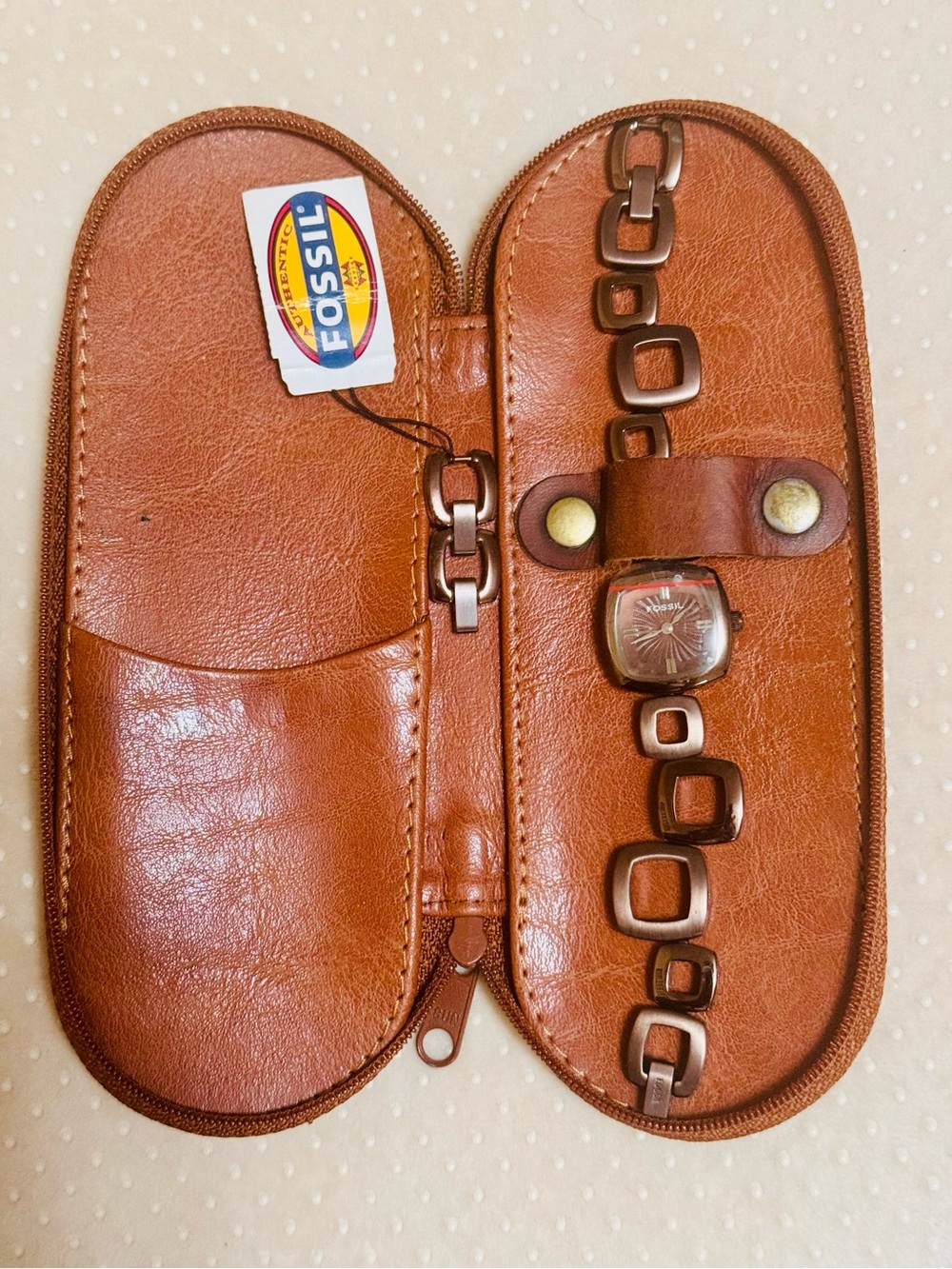 Fossil Tan Leather Travel Watch Case with Bracelet Watch (50 Meters Waterproof)